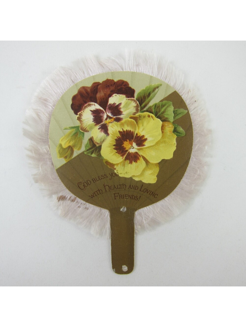 Victorian Greeting Card Hand Fan Yellow Pansy Flowers White Fringe Antique